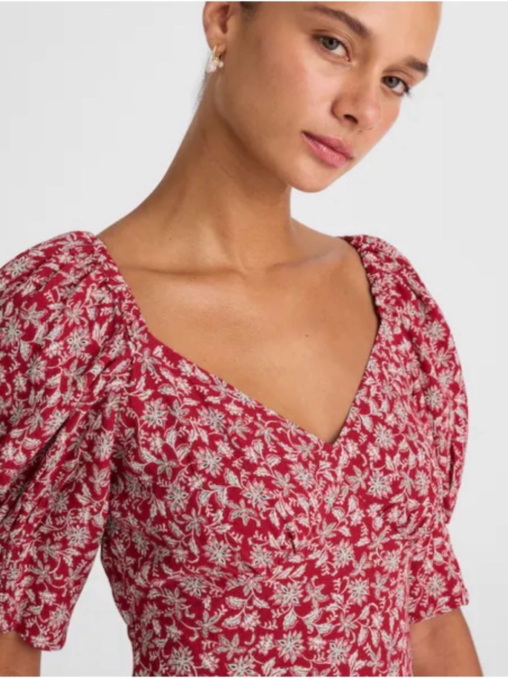 Madewell Red Floral Puff-Sleeve V-Neck Mini Dress - Picture 3 of 9